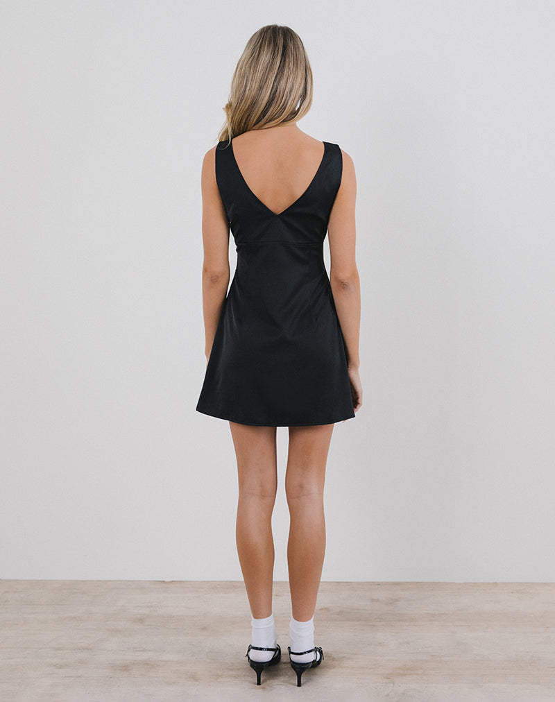 Image de Faradiba Mini robe en satin noir avec nœud ivoire