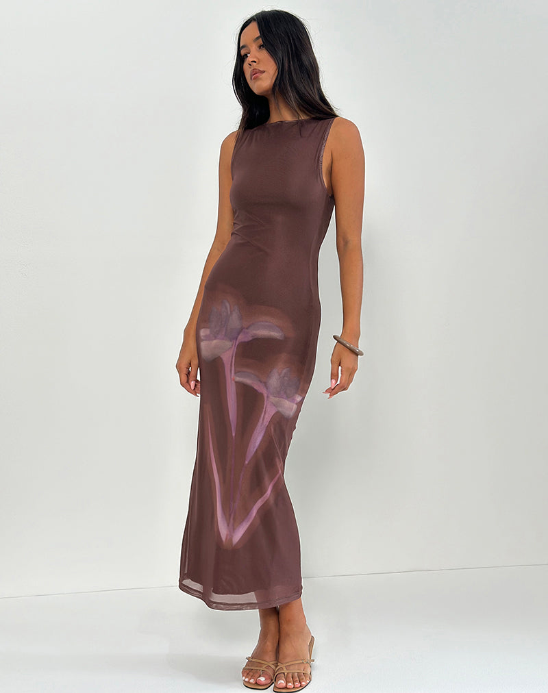Fayola Maxi Dress in Blurred Floral Print Brown (robe longue à imprimé floral flou)