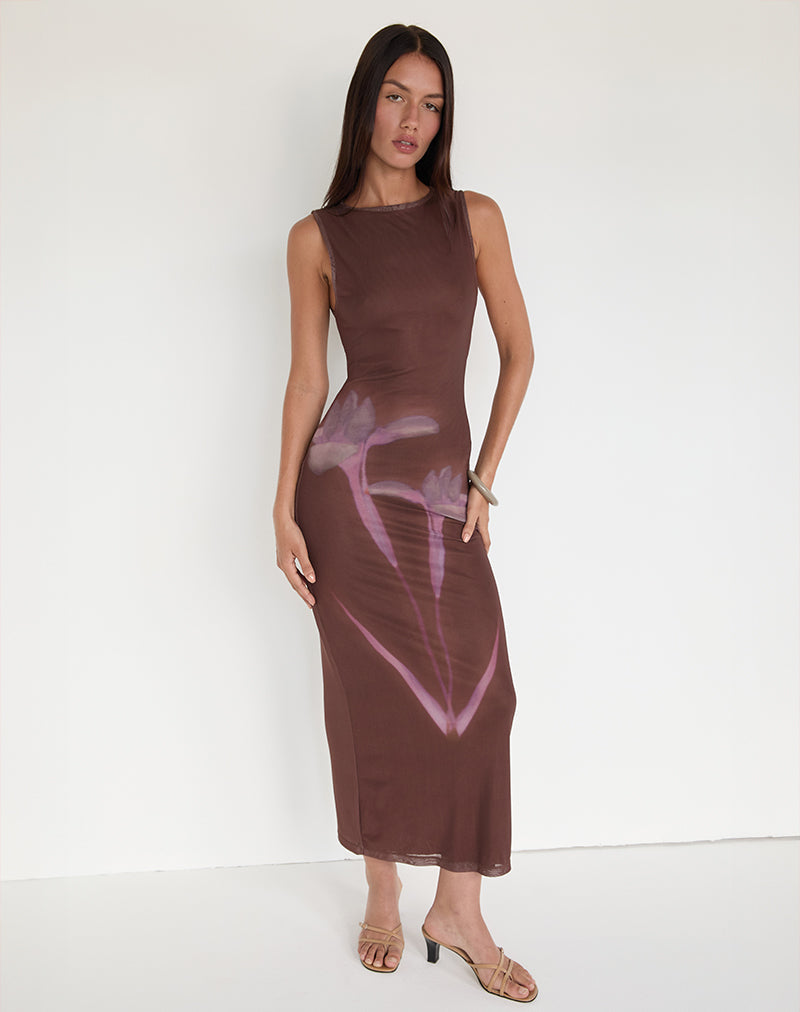 Fayola Maxi Dress in Blurred Floral Print Brown (robe longue à imprimé floral flou)