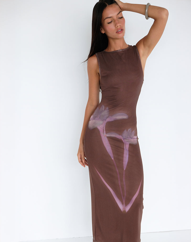 Fayola Maxi Dress in Blurred Floral Print Brown (robe longue à imprimé floral flou)