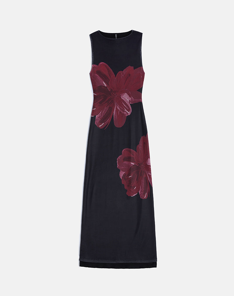 Robe longue Fayola en noir avec fleur aquarelle en bourgogne