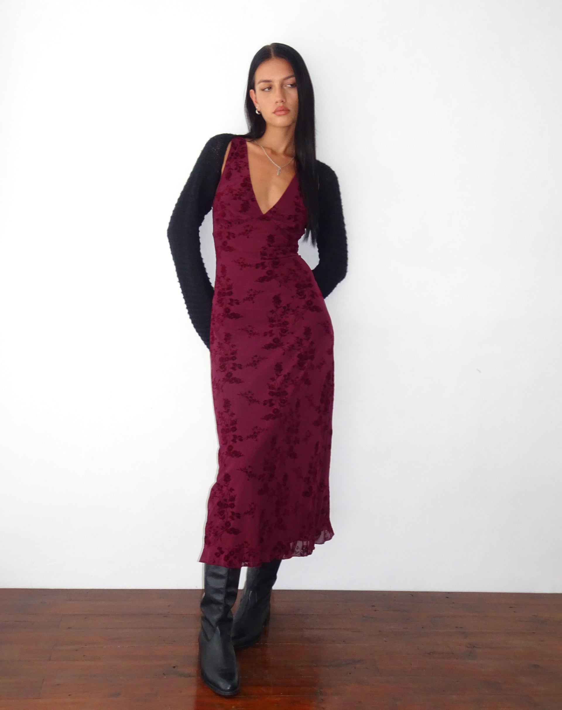 Robe midi Gabriela, Botanical Flower Maroon
