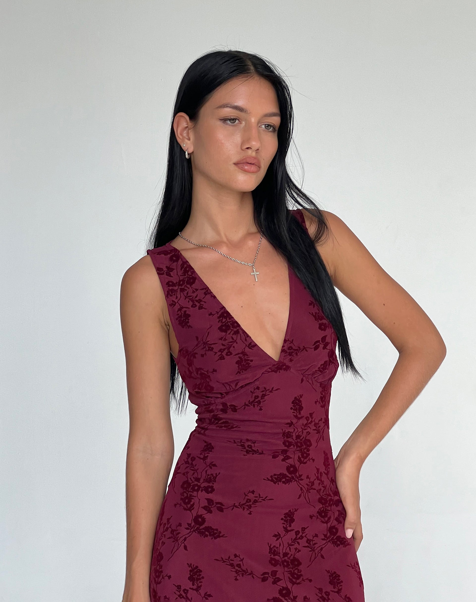 Robe midi Gabriela, Botanical Flower Maroon