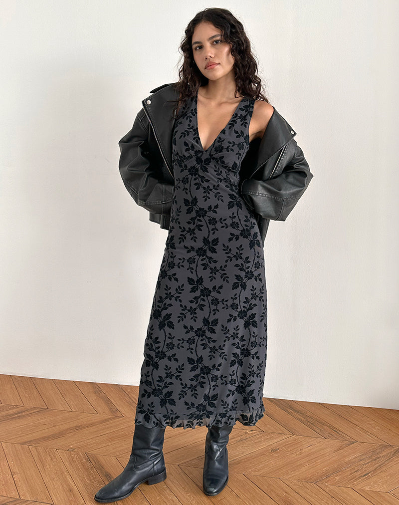 Gabriela Midi Dress in Vine Flocked Floral Ocean Storm (Robe midi Gabriela en tissu floral floqué de vignes)