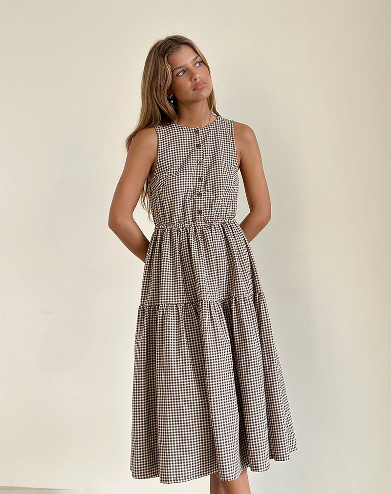 Galuh - Robe à smocks en mini vichy marron