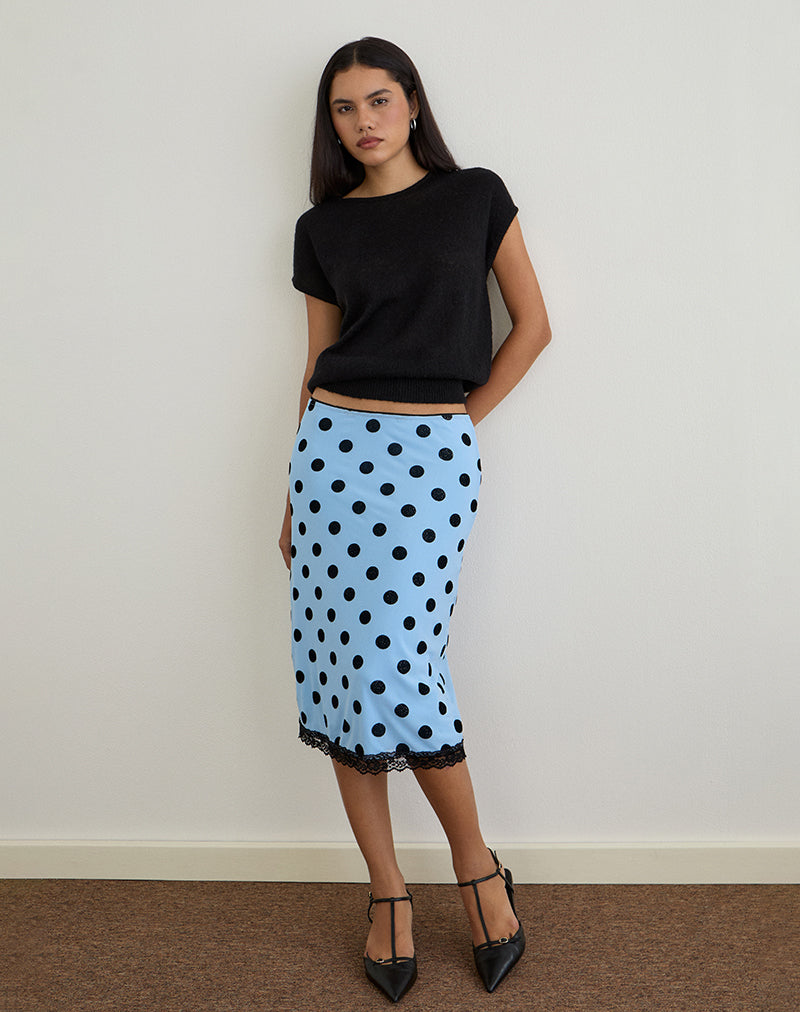 Jupe midi Gamila, bleu avec espace à pois noir