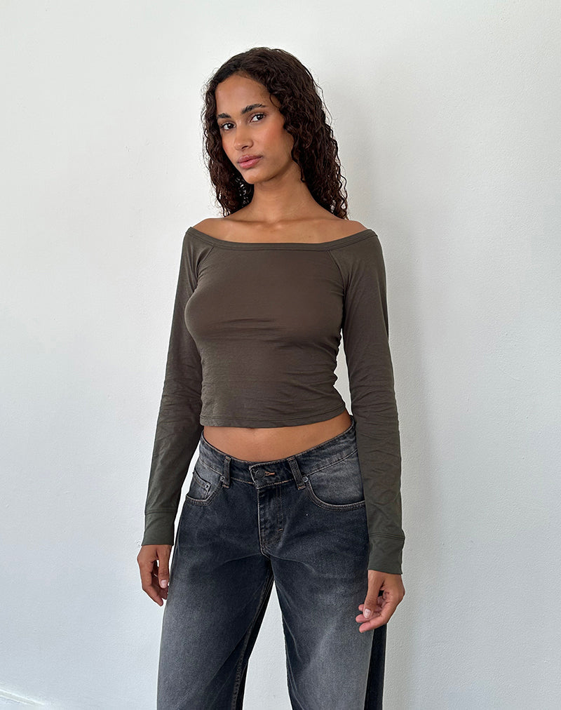 Image de Gavya Long Sleeve Bardot Top in Olive Jersey