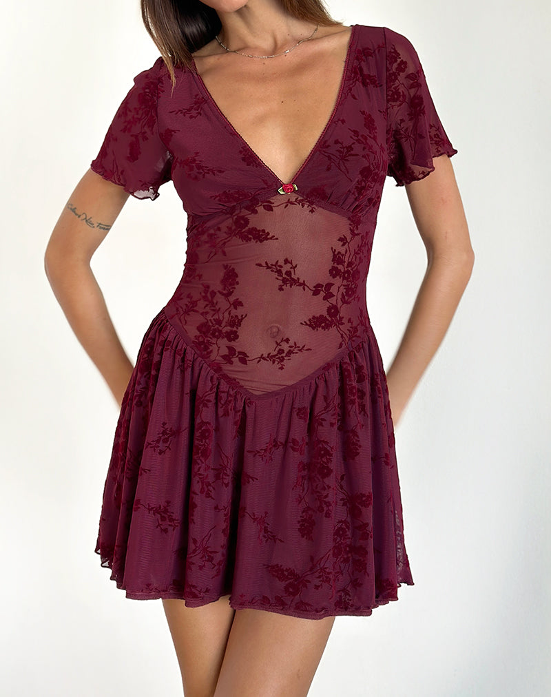 Mini robe Geni, Botanical Flower Maroon