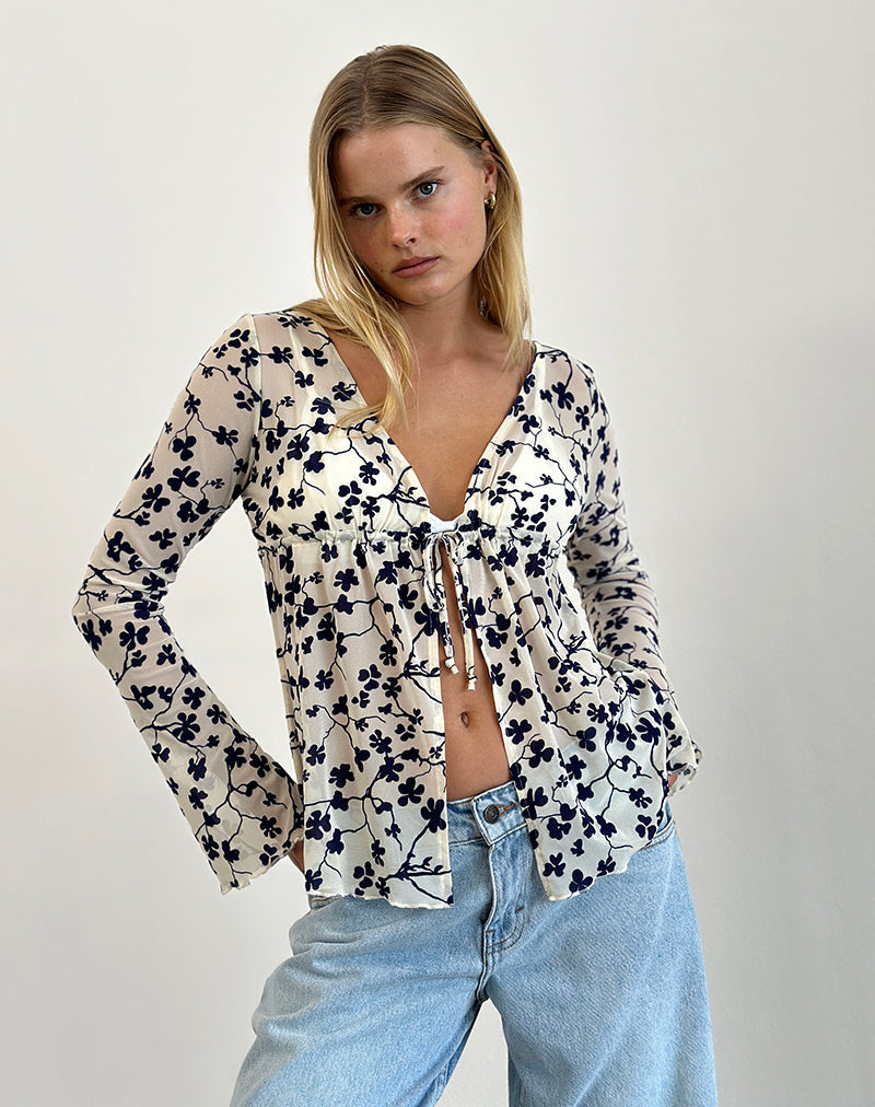 Gerbera Long Sleeve Top in Grunge Floral Flock Cream (Top à manches longues en flocage floral grunge)