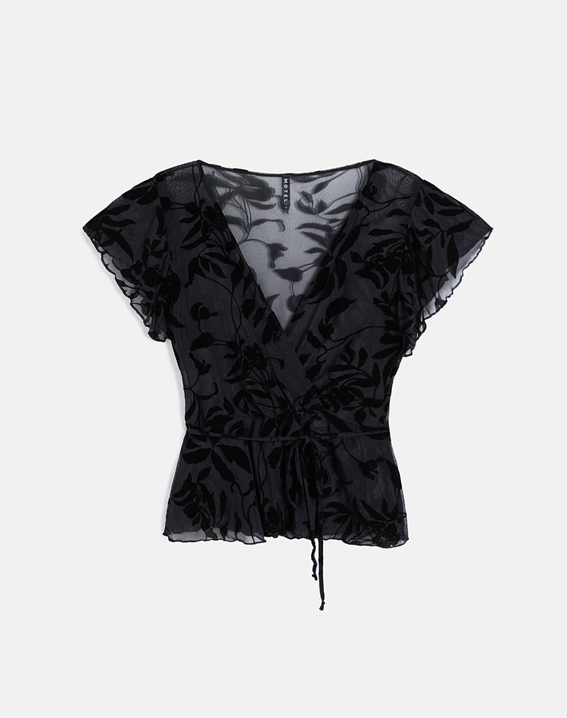 Image de Giuliana Wrap Top in Flock Leaf Flower Black