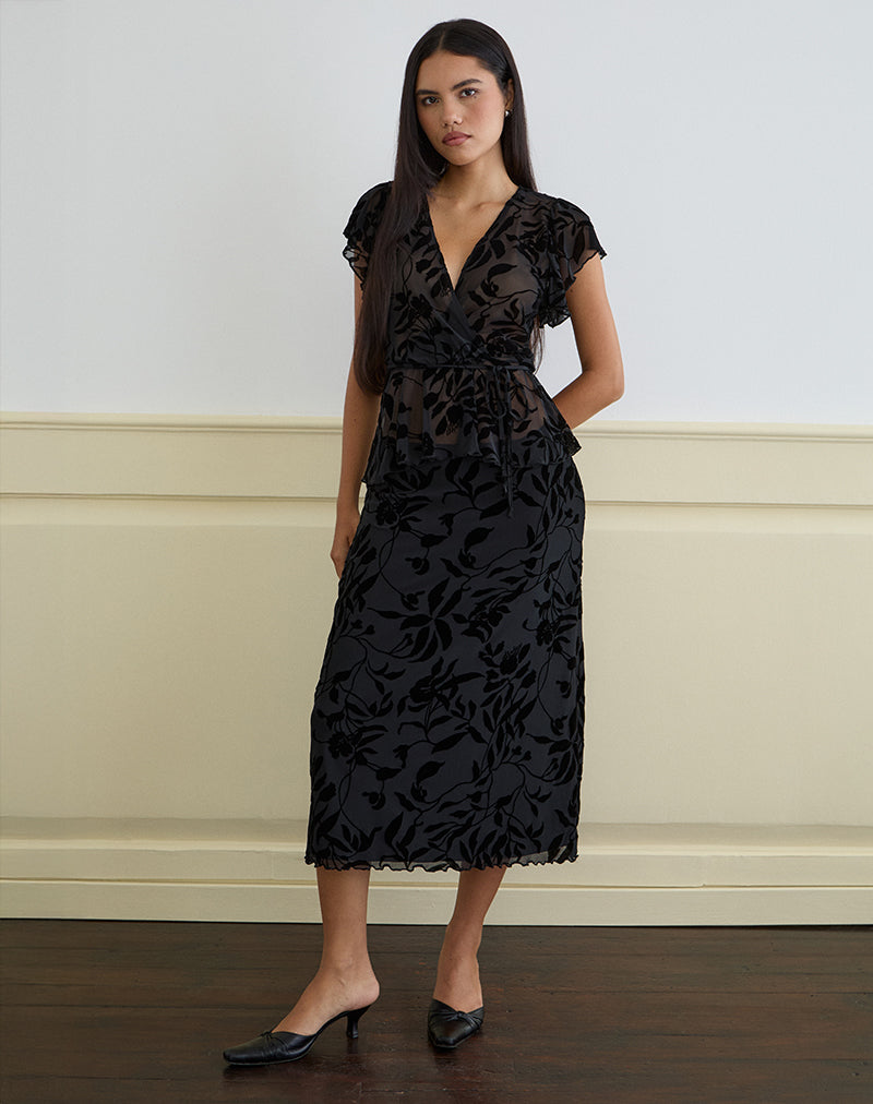 Image de Giuliana Wrap Top in Flock Leaf Flower Black