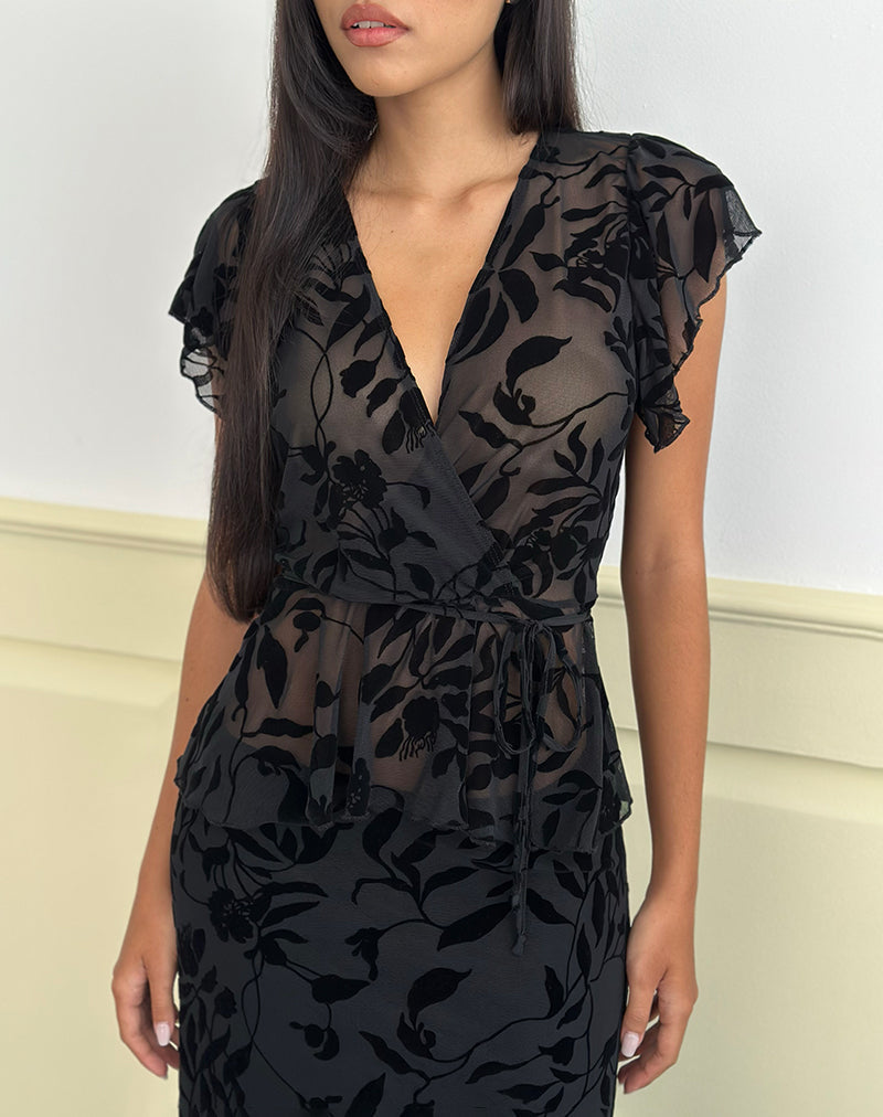 Image de Giuliana Wrap Top in Flock Leaf Flower Black
