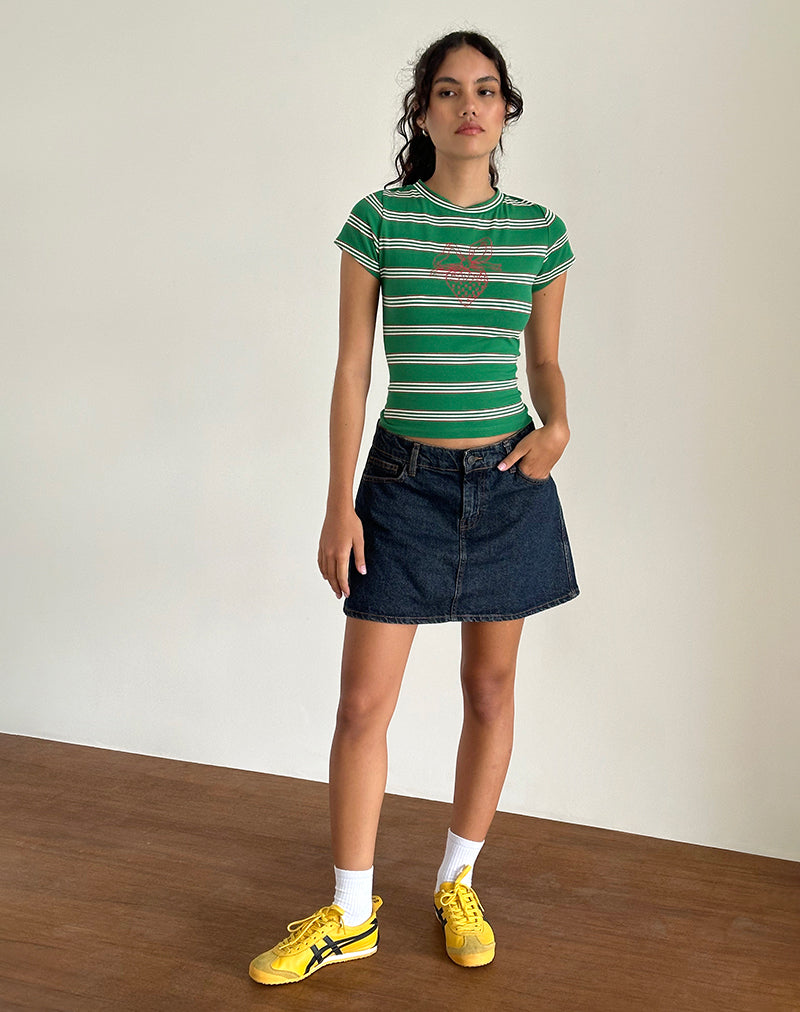 Image de Glenda Jersey Tee in Green and White Strip with Strawberry Motif