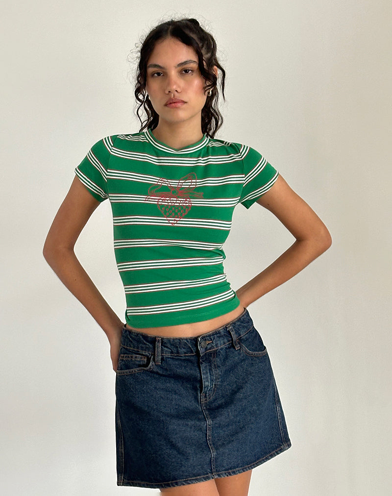 Image de Glenda Jersey Tee in Green and White Strip with Strawberry Motif