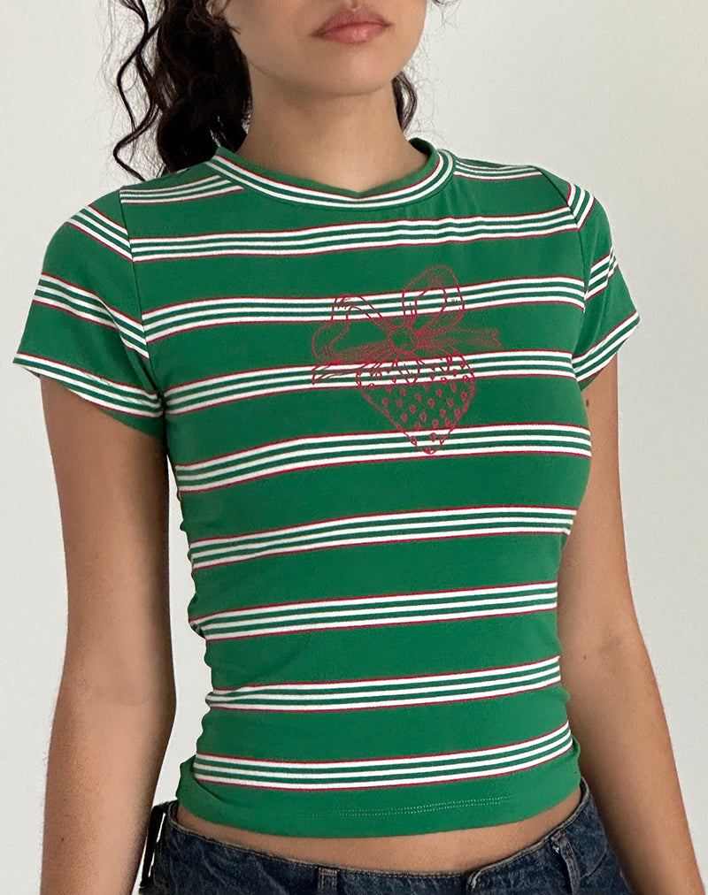 Tee-shirt en jersey Glenda à rayures vertes et blanches avec motif de fraises