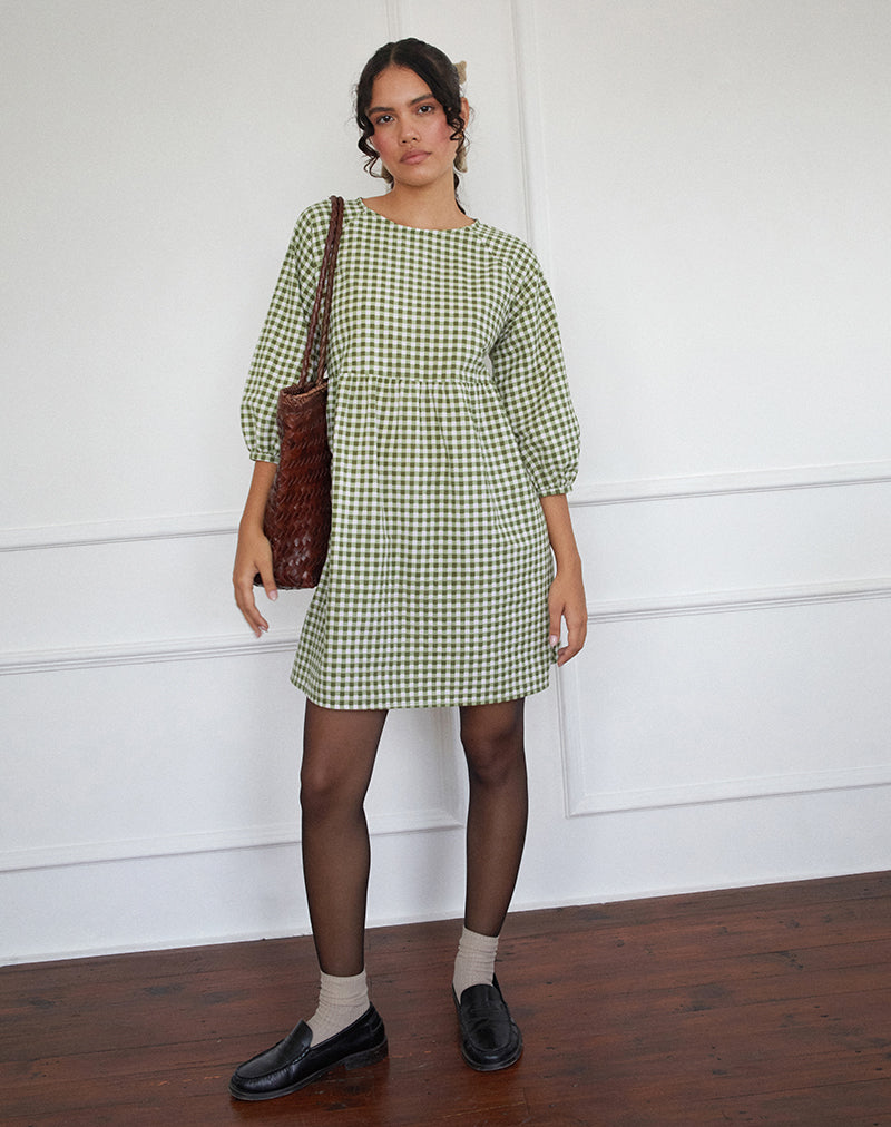 Image of Grace Mini Dress in Gingham Olive