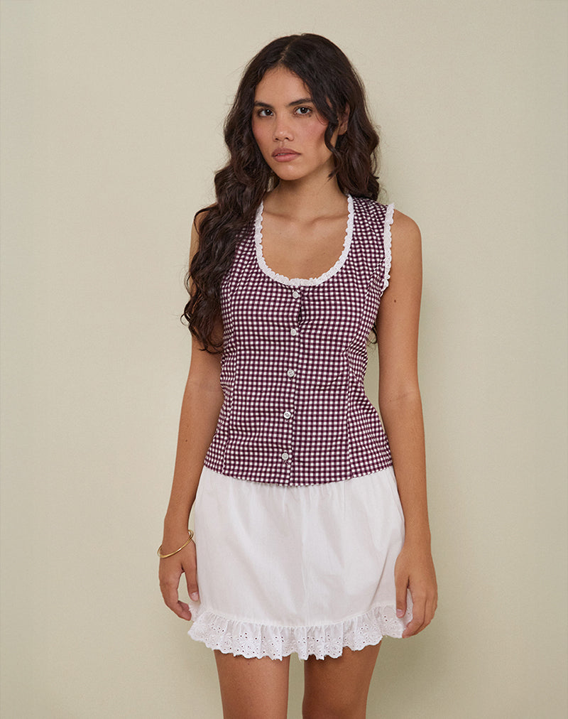 Image of Gronita Blouse in Mini Gingham Wine with White Lace