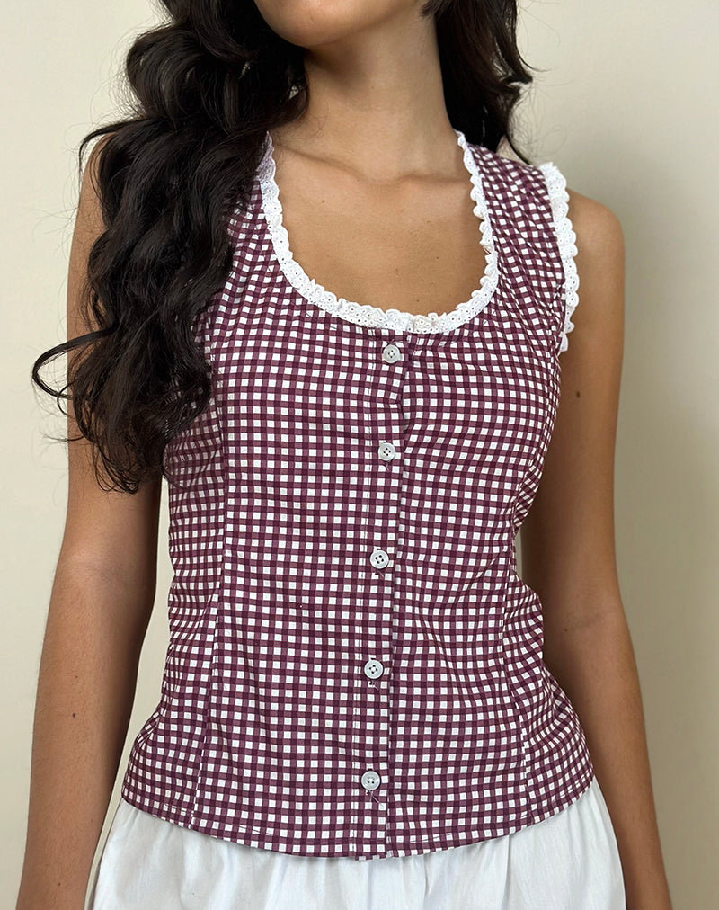 Image of Gronita Blouse in Mini Gingham Wine with White Lace