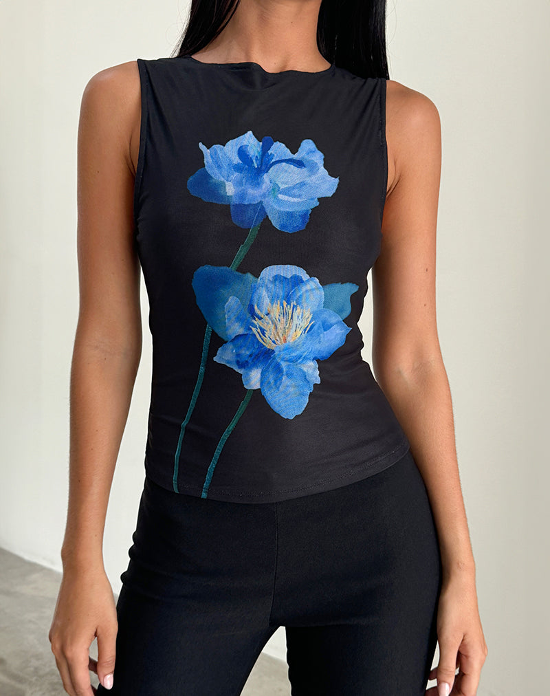 Top Hala en noir avec fleur aquarelle bleue