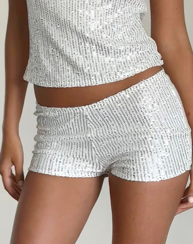 Micro-short Erna en paillettes chromées argentées