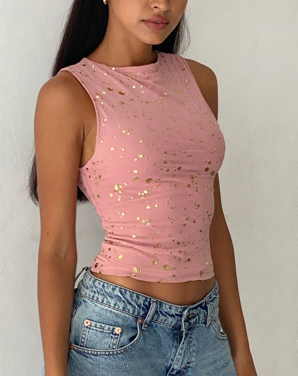 Top de gilet Hala en rose avec feuille d'or rose
