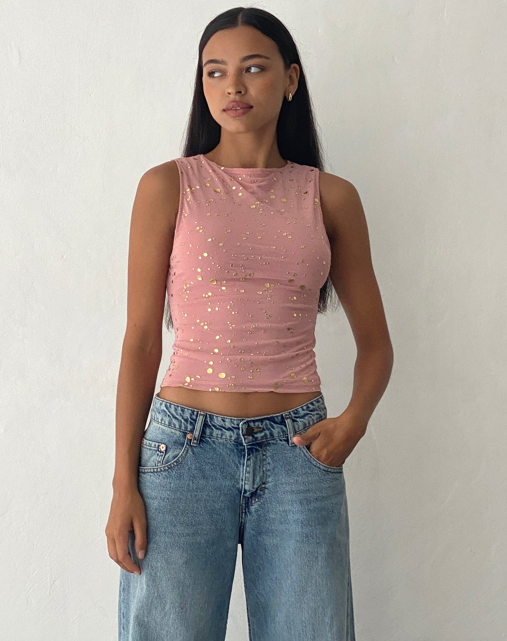 Top de gilet Hala en rose avec feuille d'or rose