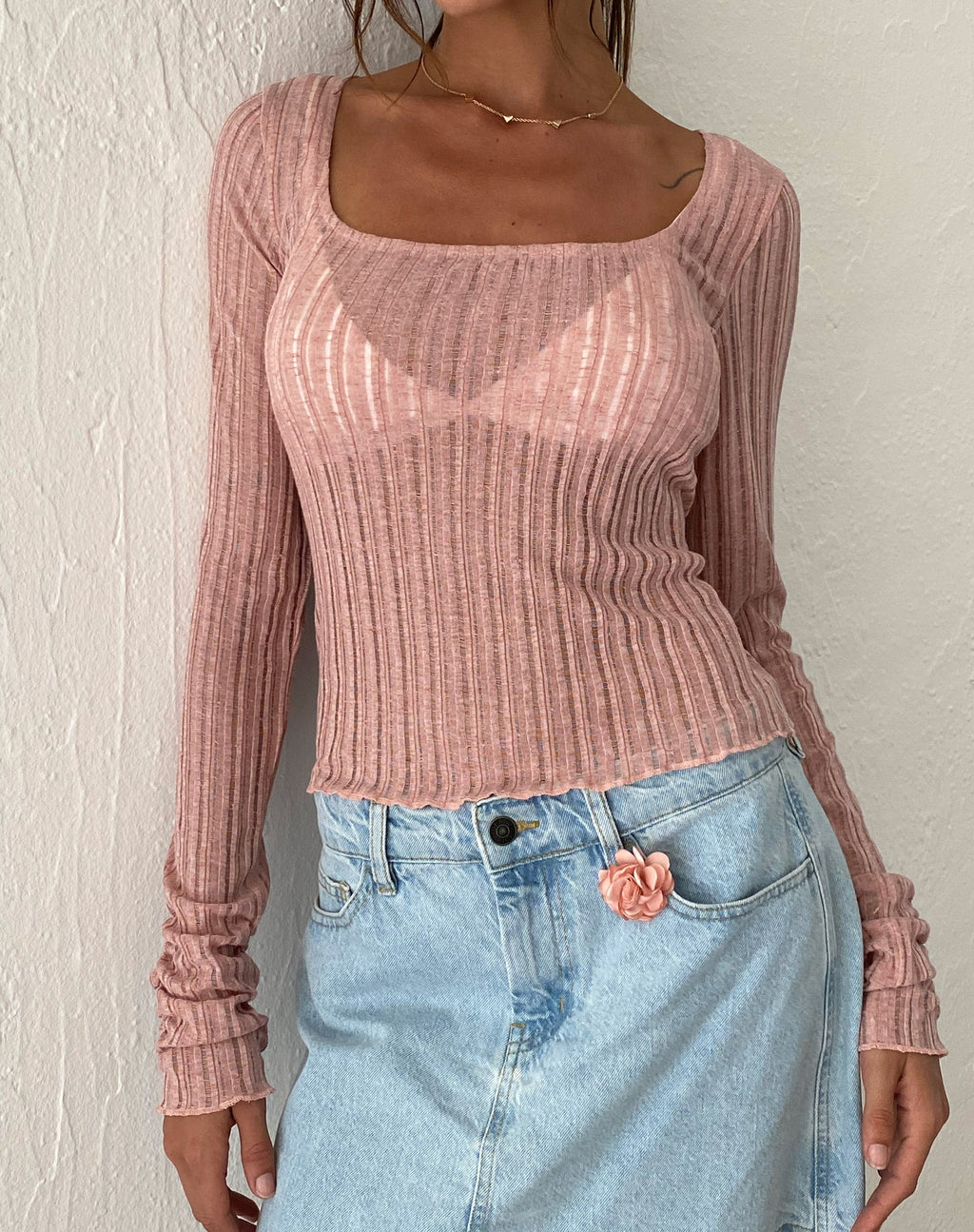 Top à manches extra longues en tricot Halsey, rose