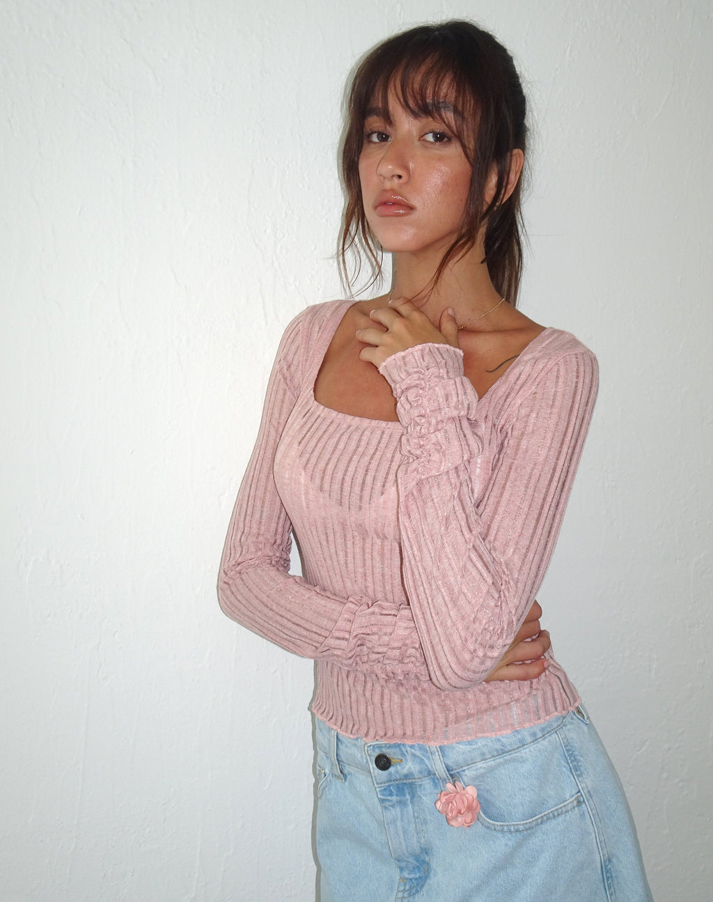 Top à manches extra longues en tricot Halsey, rose