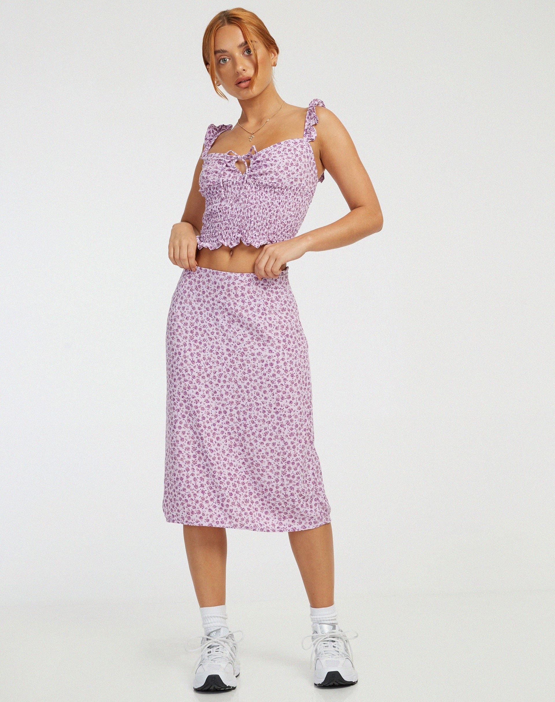 Image de la jupe midi Harriet, Ditsy Rose Lilas