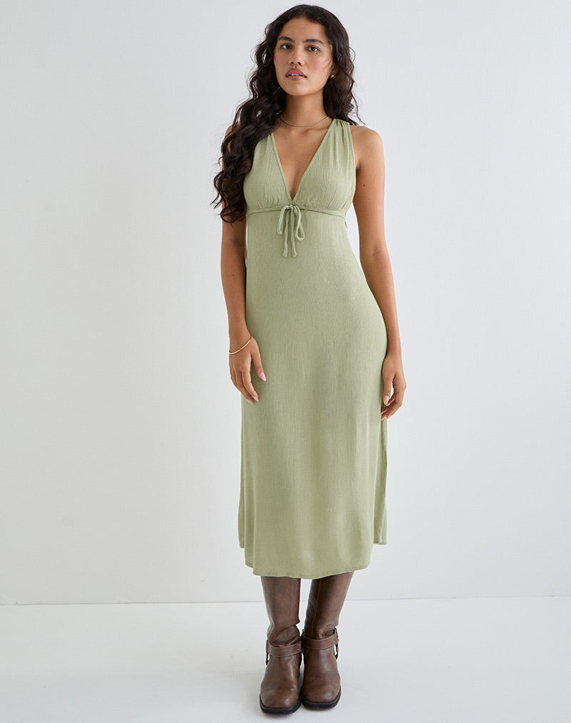 Image of Havisla Tie Front Midi Dress in Sage Green