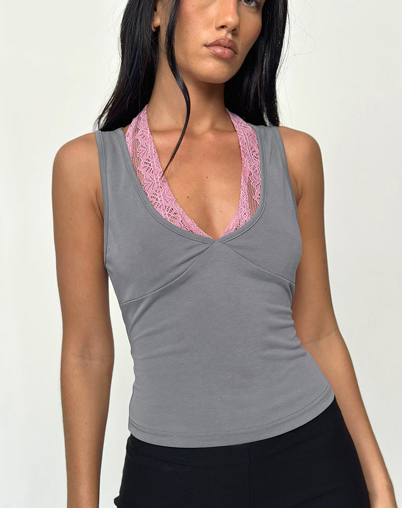 Helma Halterneck Top in Grey with Pink Lace (Top dos nu en gris avec dentelle rose)