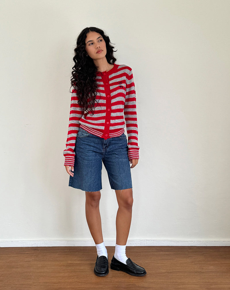 Image de Henidar Cardigan à rayures rouges et grises avec emblème cerise