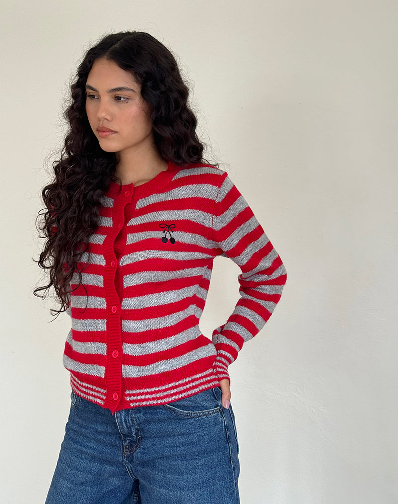 Image de Henidar Cardigan à rayures rouges et grises avec emblème cerise