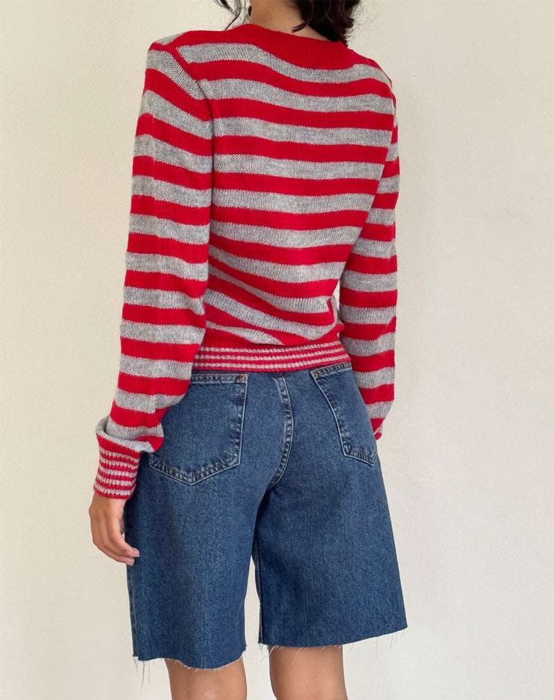 Image de Henidar Cardigan à rayures rouges et grises avec emblème cerise