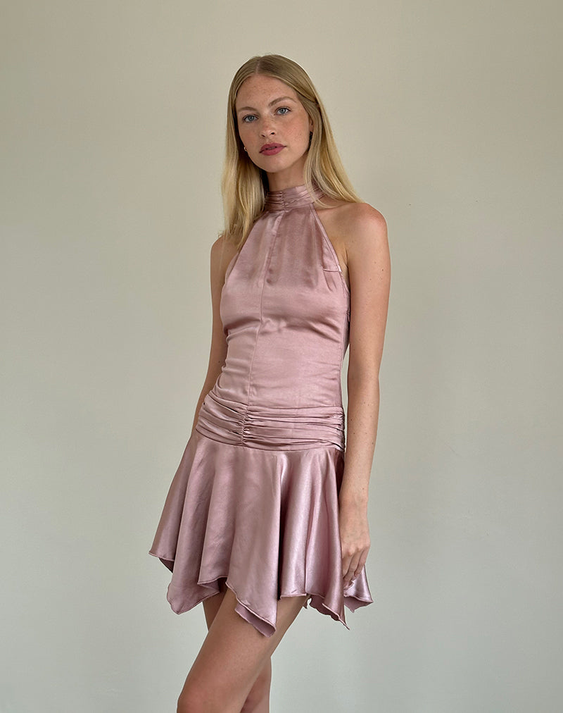 Image de Hydri Satin Halterneck Mini Dress in Baby Pink