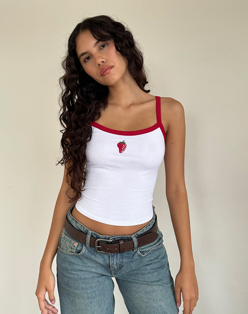 Image de la veste Icah en blanc avec bordure rouge et fraise