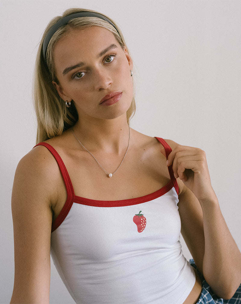 Gilet Icah en blanc avec bordure rouge et fraise