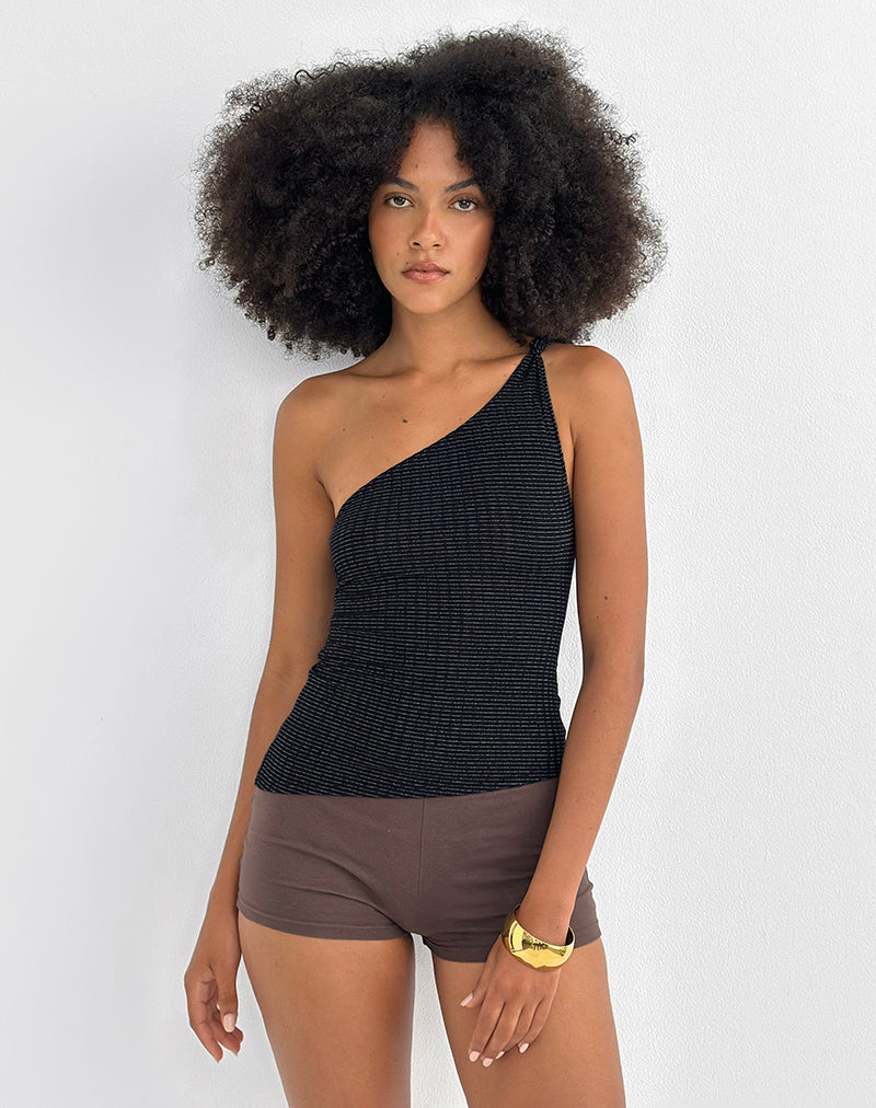 Idari One Shoulder Top in Metalic Stripe Jersey Black (Top asymétrique en jersey à rayures métalliques)