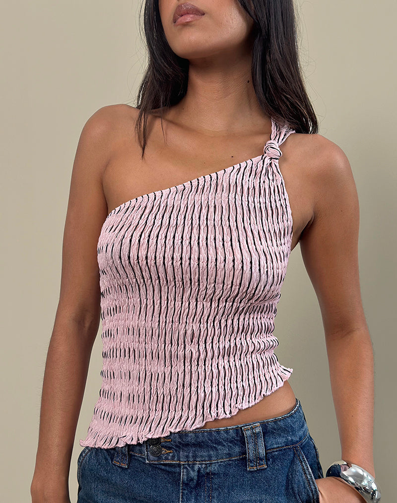 Idari One Shoulder Top in Stripe Textured Mesh Soft Pink (Top asymétrique en maille texturée rayée)