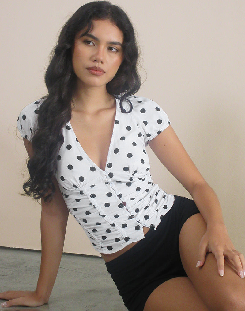 Image of Ilase Ruched Blouse in 80s Polka White