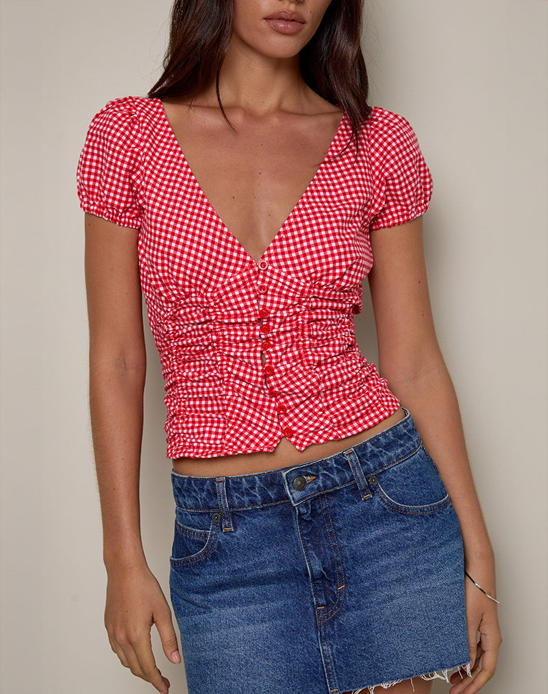Image de la blouse froncée Ilase en vichy rouge