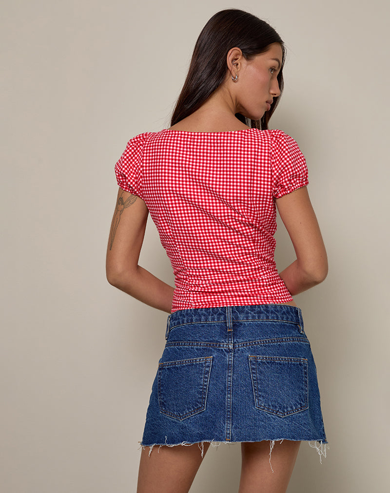 Image de la blouse froncée Ilase en vichy rouge