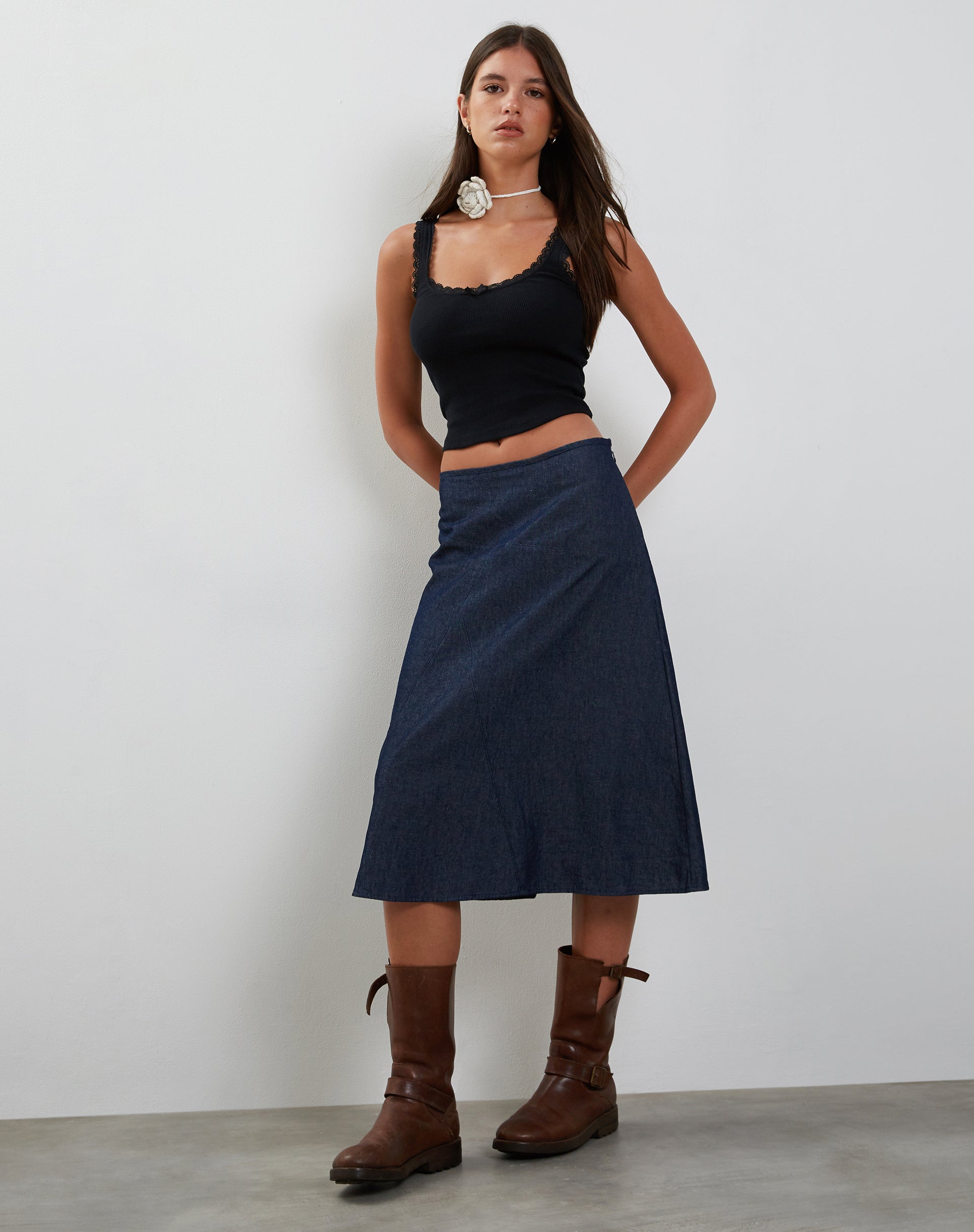Image de Imbrella Denim Midi Skirt in Dark Indigo