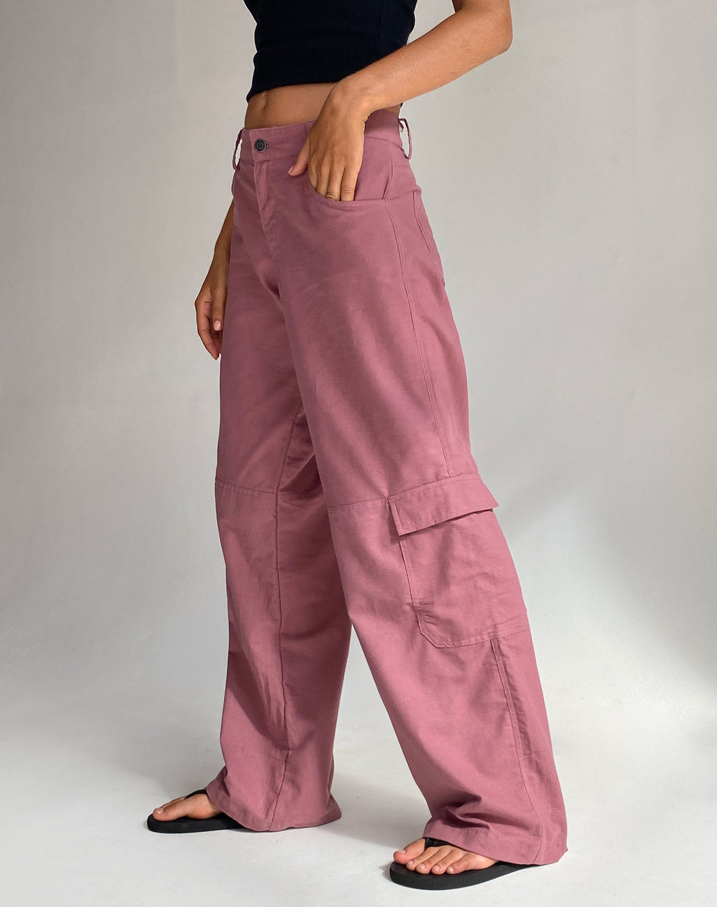 Pantalon cargo taille basse Gemma, lin mauve