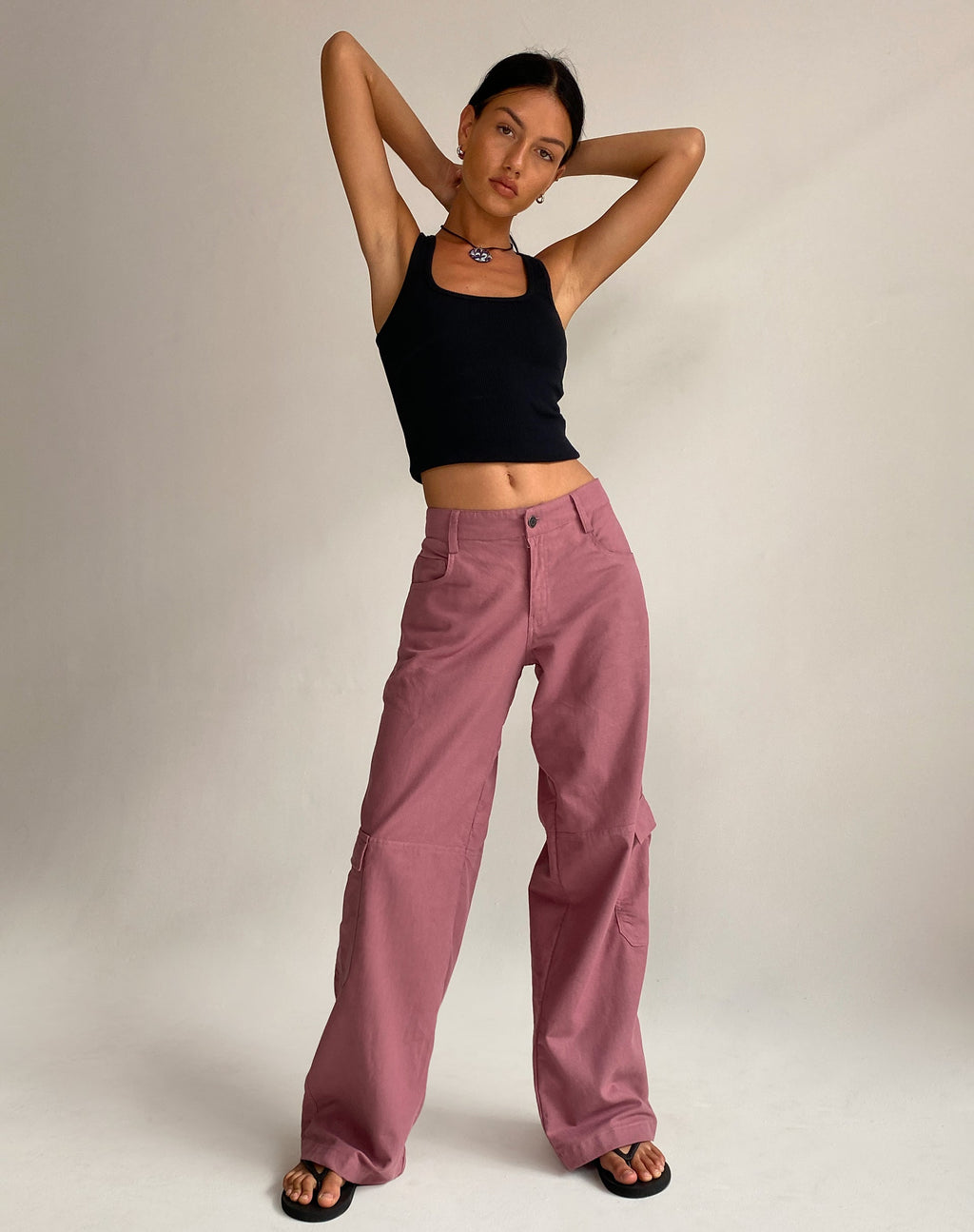 Pantalon cargo taille basse Gemma, lin mauve