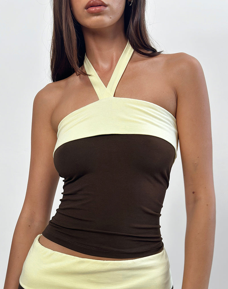 Image of Inrida Halterneck Top in Chocolate Brown and Lemon