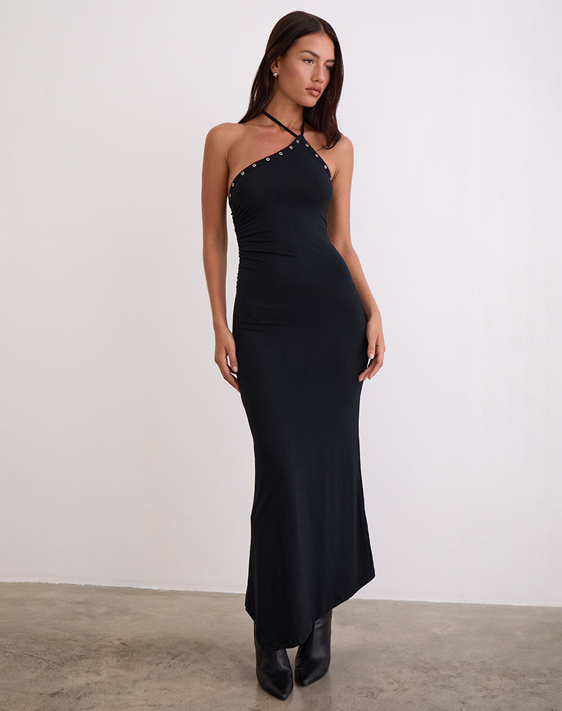 Image of Ishikawa Asymmetric Maxi Dress with Eyelets in Black