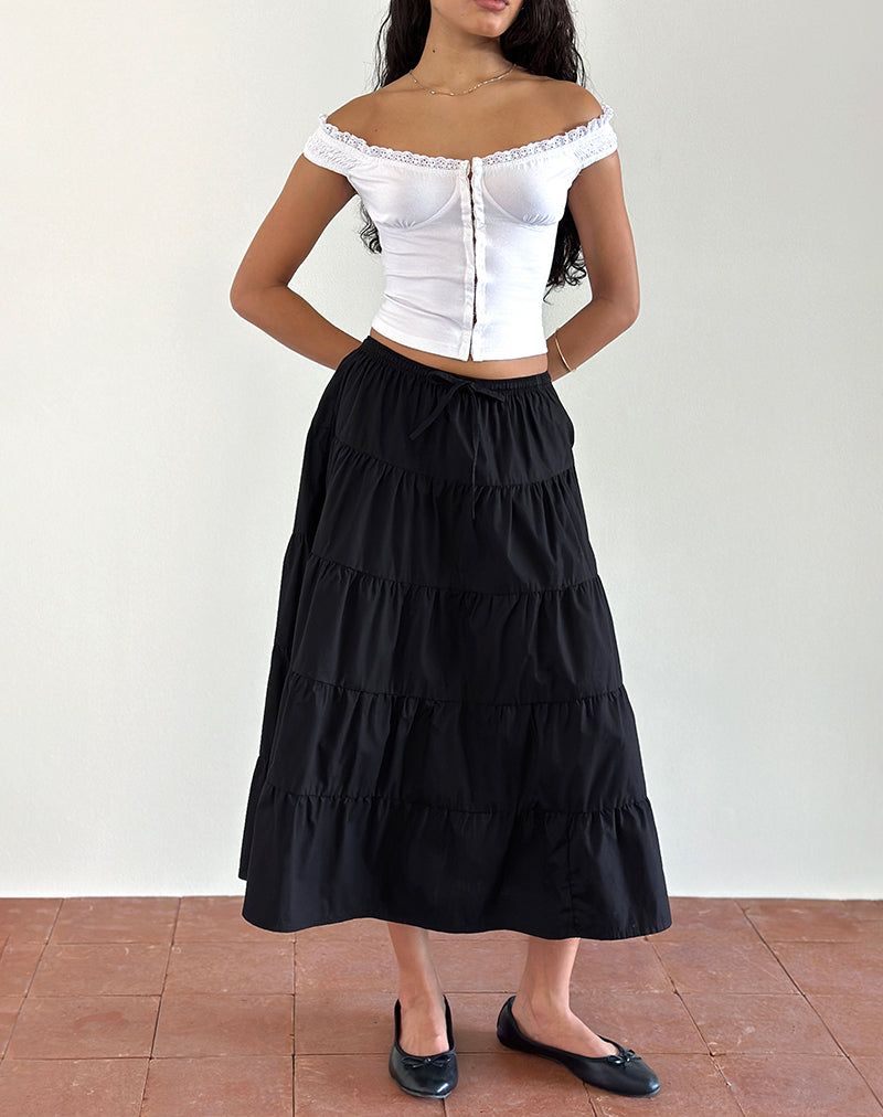 Izumi Tiered Midi Skirt, Poplin Black