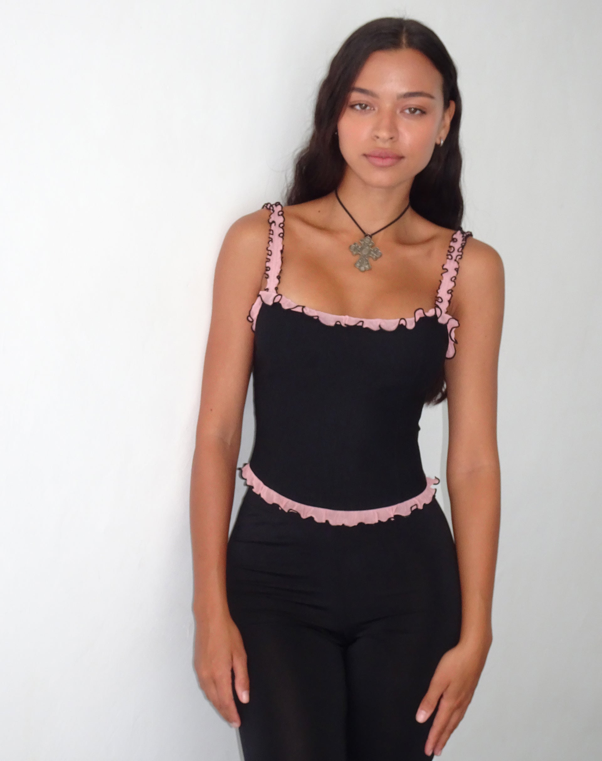 Image de Idalia Corset Top in Black with Pink Mesh Ruffle