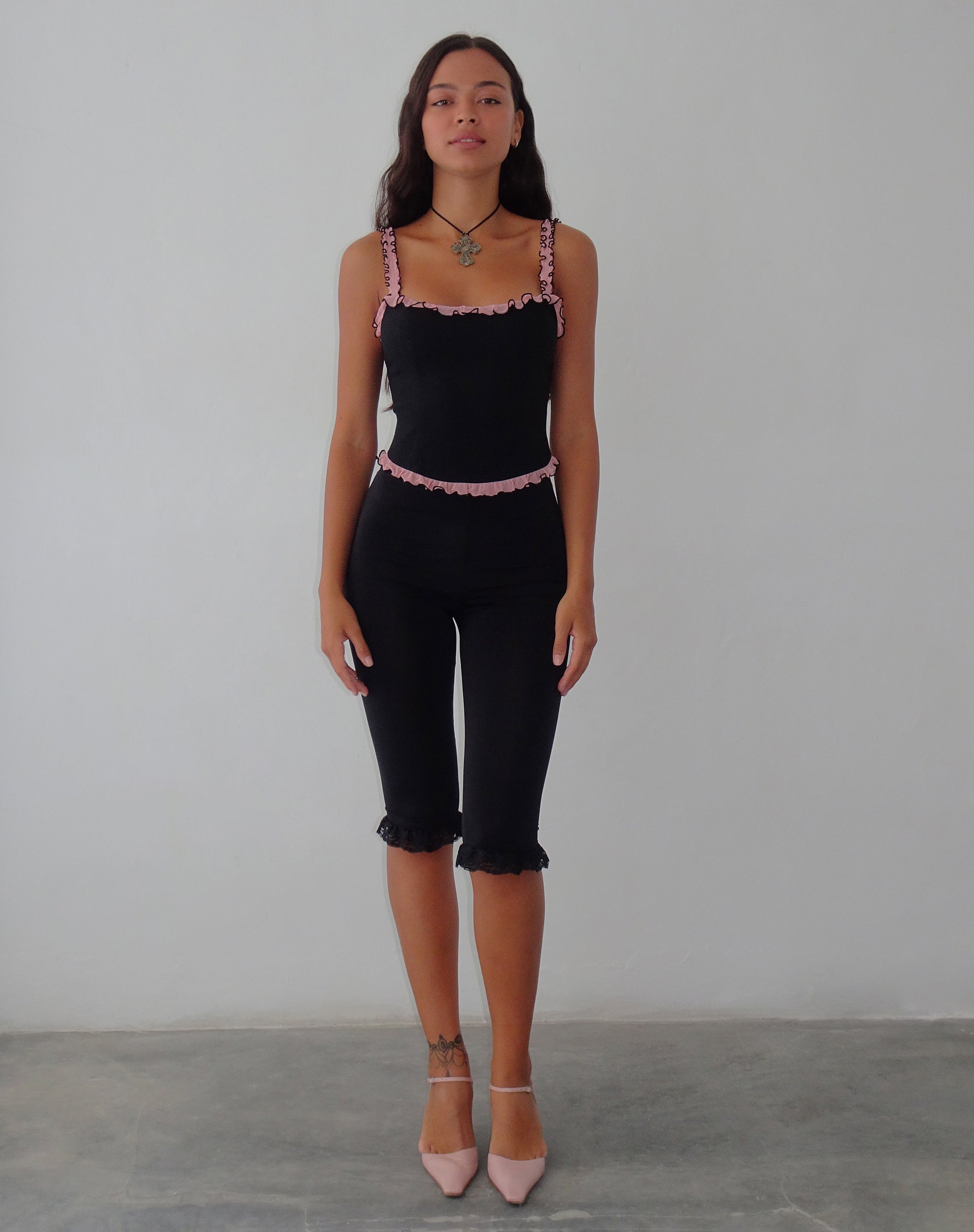 Image de Idalia Corset Top in Black with Pink Mesh Ruffle